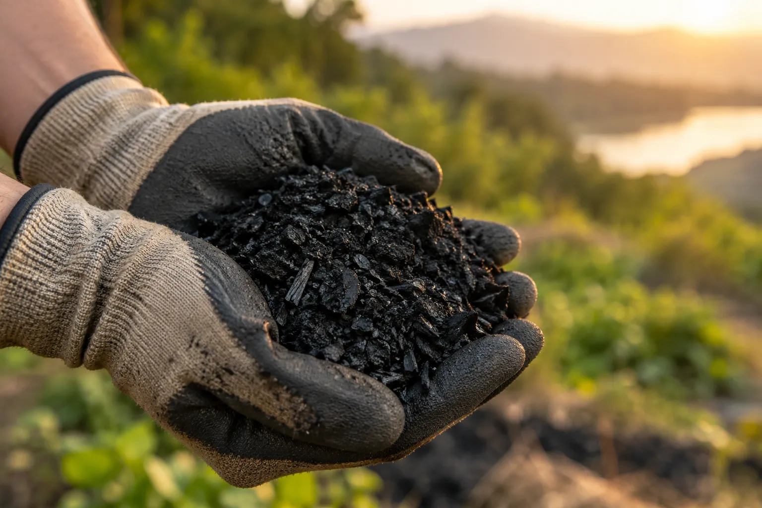 Hands holding dark biochar